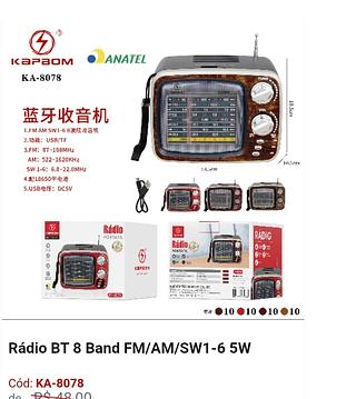 Rádio BT 8 Band FM/AM/SW1-6 5W