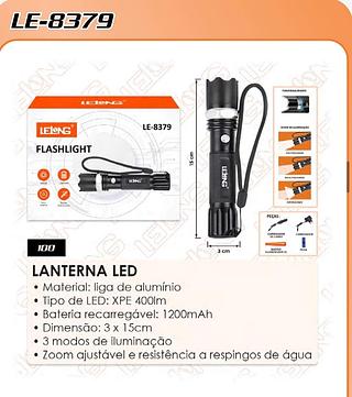 LANTERNA LED • Material: liga de alumínio • Tipo de LED: XPE 400lm • Bateria recarregável: 1200mAh