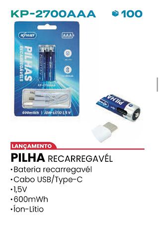 PILHA RECARREGAVÉL •Bateria recarregavél • Cabo USB/Type-C