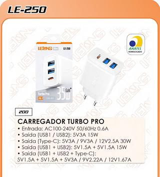 CARREGADOR TURBO PRO • Entrada: AC100-240V 50/60Hz 0.6A • Saída (USB1 / USB2): 5V3A 15W • Saída (Type-C): 5V3A / 9V3A / 12V2.5A 30W