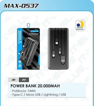POWER BANK 20.000MAH - Potência: 74Wh - Type-C / Micro USB / Lightining / USB